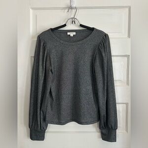 NWOT ON-34TH Charcoal Metallic Knit Puff Sleeve Sweater, size L